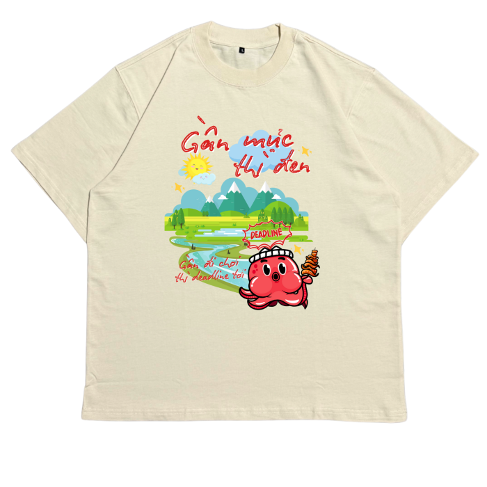 DL04 | Áo Thun Oversize Cotton TXEIR – "Con Mực Đi Du lịch" Tee